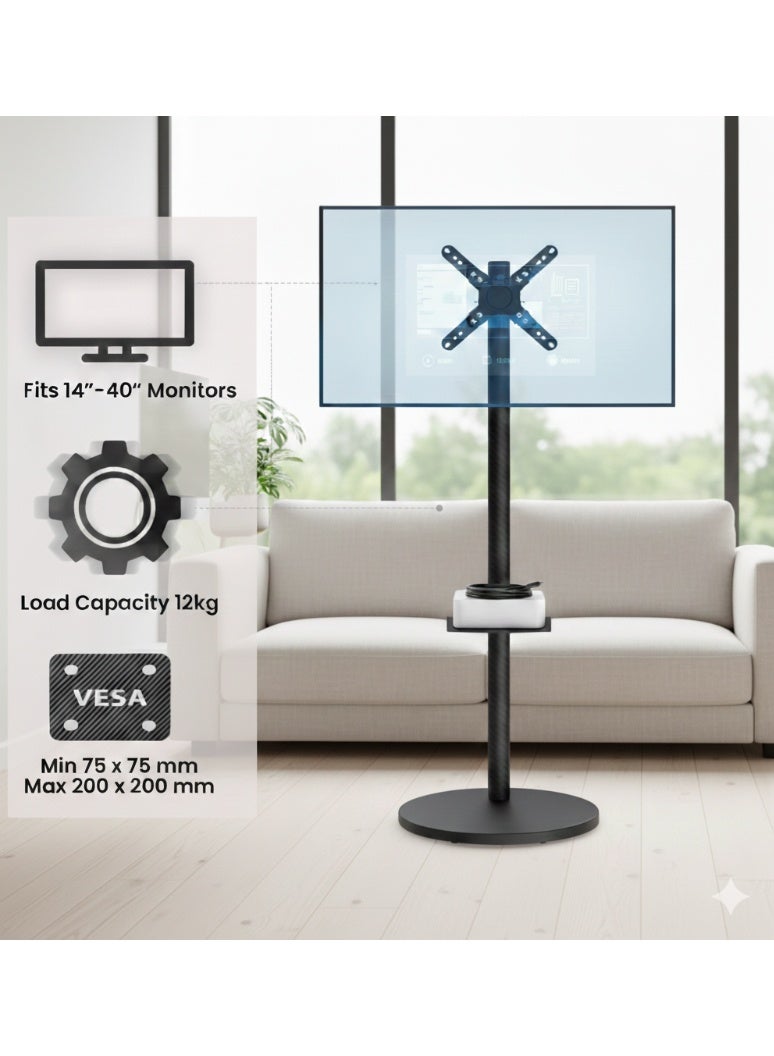 BEETEC Mobile Monitor Stand for 14"–40" Screens, VESA 200x200mm, 12kg Load Capacity, Adjustable Height, Tilt, Swivel & Rotation, with Wheels and Storage Tray, Black | TF-FMS801B - Image 3